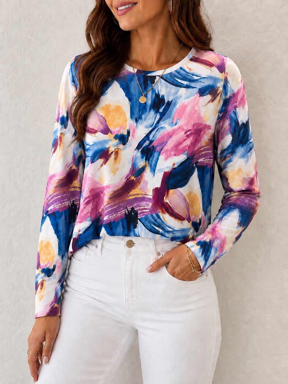CHICO’S Watercolor Abstract Print Long Sleeve Stretch Top Artsy Size 2 Large